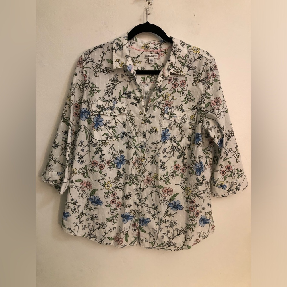 Croft & Barrow Floral Button Up Shirt Womenโs XL Cotton 3/4 Sleeve Bloomcore
